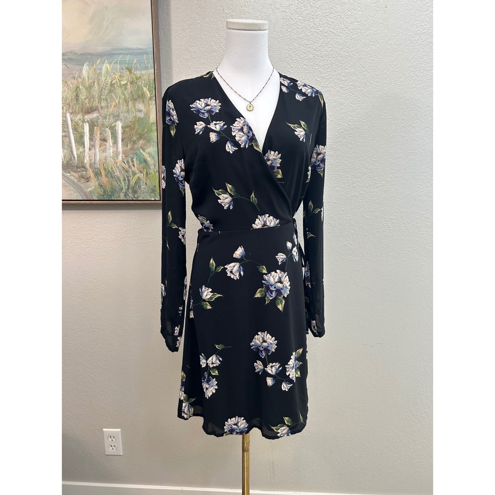 black floral wrap dress long sleeve mini flattering fit and flare